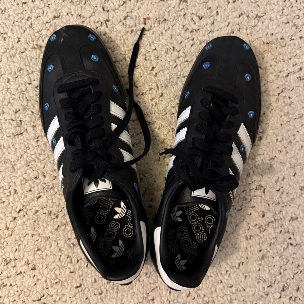 Adidas Samba Black Sneakers Blue Flower Accents